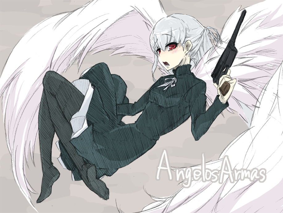 1girl angelos_armas dougan_calpis_con female_focus gun henri pantyhose red_eyes skirt solo weapon wings