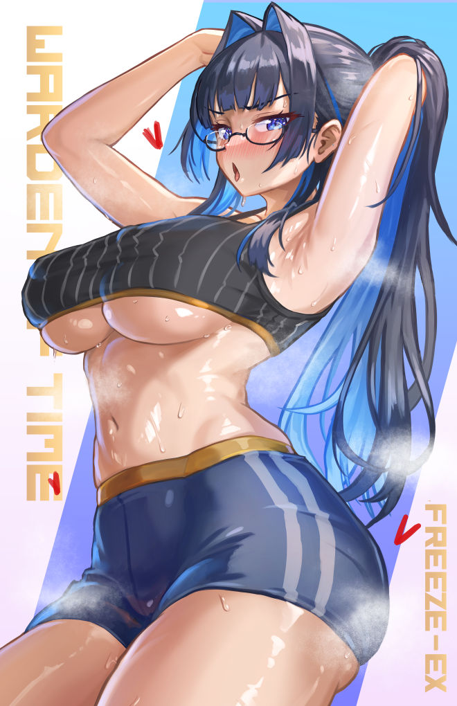 armpits bike_shorts blue_eyes blue_hair breasts glasses hair_intakes hololive hololive_english large_breasts midriff navel ouro_kronii ponytail sports_bra sweat sweatdrop tagme thighs underboob virtual_youtuber