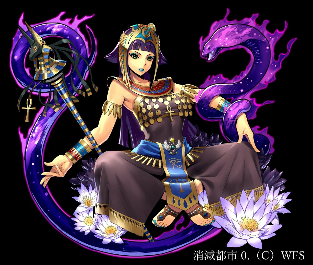 ancient_egyptian_clothes ancient_egyptian_hat anubis_(mythology) bare_shoulders black_background blue_lips blue_nails bracelet character_request cobra_(animal) copyright_request crossed_legs eyeliner fang feet floating flower game_cg glowing gold_bracelet green_eyes indian_style jewelry lipstick loincloth makeup multiple_bracelets nail_polish official_art ogami parted_lips purple_hair sitting skin_fang snake starry_skin tan toenail_polish toenails translation_request usekh_collar white_flower