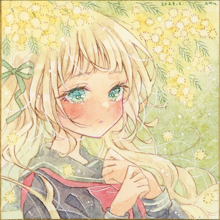 1girl amu_(m_aa) black_shirt blonde_hair bow bowtie closed_mouth commentary_request eyelashes flower green_eyes green_ribbon hair_ribbon hand_on_own_chest long_hair long_sleeves mimosa_(flower) original painting_(medium) portrait red_bow red_bowtie ribbon sailor_collar sailor_shirt shikishi shirt solo traditional_media watercolor_(medium)