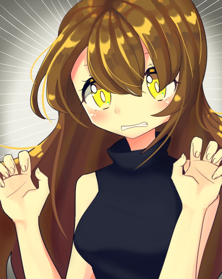 1girl black_shirt brown_hair clenched_teeth fingernails grey_background idol_(rhythm_tengoku) long_hair looking_at_viewer motion_lines offbeat open_hands rhythm_tengoku shirt simple_background sleeveless source_request teeth very_long_hair yellow_eyes