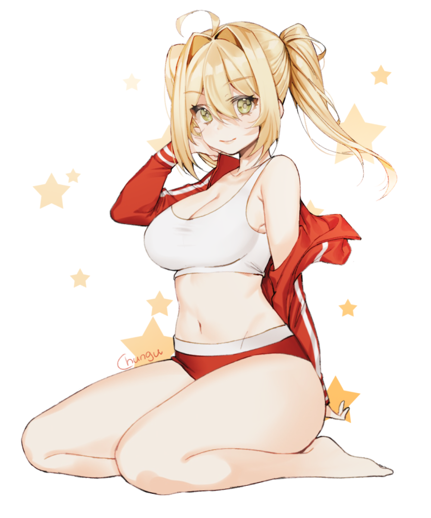 1girl ahoge arm_up artist_name bare_legs barefoot blonde_hair bra breasts chungu cleavage closed_mouth fate/grand_order fate_(series) female_focus full_body green_eyes hair_between_eyes hair_intakes hand_in_own_hair jacket large_breasts long_hair midriff navel nero_claudius_(fate) nero_claudius_(fate/extra) nero_claudius_(swimsuit_caster)_(fate) off_shoulder short_shorts shorts simple_background sitting solo sports_bra star_(symbol) track_jacket twintails underwear white_bra