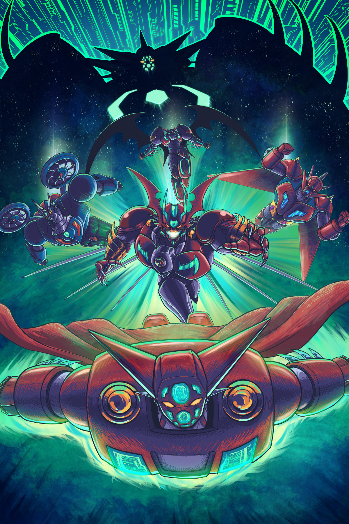 anniversary arm_blade armor backlighting biomechanical blue_armor cape claws commentary emeraldcodex english_commentary facing_viewer flying getter-1 getter_arc getter_dragon getter_emperor getter_go getter_rays getter_robo glowing glowing_eyes glowing_mouth green_armor green_light highres horns humanoid_robot mecha mecha_focus mechabare mechanical_horns mechanical_wings no_mouth open_mouth propeller reaching reaching_towards_viewer red_armor red_cape robot science_fiction shin_getter-1 shoulder_armor shoulder_blades size_difference space spikes star_(sky) super_robot weapon white_armor wings yellow_armor yellow_eyes