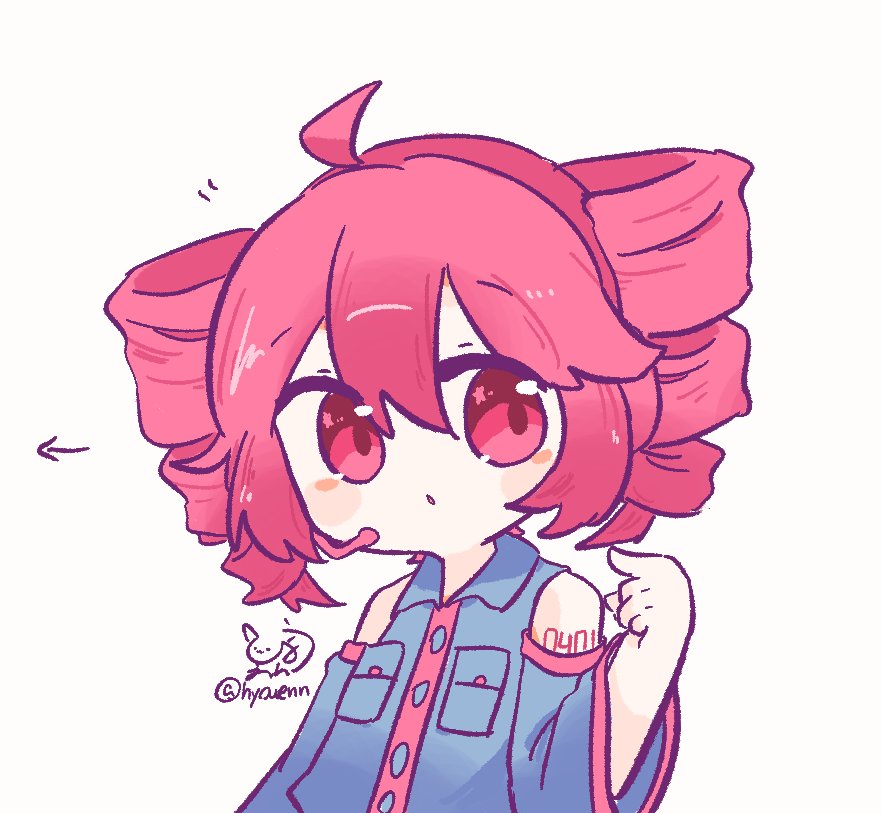 1girl ahoge arrow_(symbol) bare_shoulders breast_pocket buttons chibi chibi_only detached_sleeves drill_hair grey_shirt grey_sleeves hand_up headset hyouenn kasane_teto kasane_teto_(utau) long_sleeves looking_at_viewer parted_lips pocket pointing red_eyes red_hair shirt simple_background solo twin_drills upper_body utau white_background