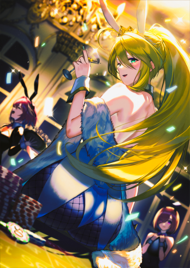 1boy 2girls ahoge animal_ears artoria_pendragon_(fate) artoria_pendragon_(swimsuit_ruler)_(fate) artoria_pendragon_(swimsuit_ruler)_(first_ascension)_(fate) ass astolfo_(fate) back bare_shoulders blonde_hair blue_pantyhose blush braid breasts cocktail_glass cup detached_collar drinking_glass fate/grand_order fate_(series) feather_boa fishnet_pantyhose fishnets french_braid green_eyes hair_between_eyes highleg highleg_leotard large_breasts leotard long_hair looking_at_viewer looking_back mash_kyrielight multiple_girls open_mouth pantyhose playboy_bunny ponytail rabbit_ears sidelocks sitting smile solo_focus tiara unowen white_leotard wrist_cuffs