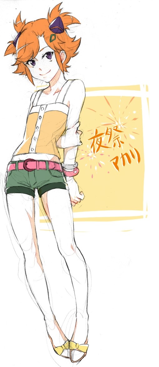1girl belt bracelet captain_earth closed_mouth hair_ornament jewelry looking_at_viewer midriff orange_hair purple_eyes sari_(zntkfl11) short_hair shorts smile solo yomatsuri_akari