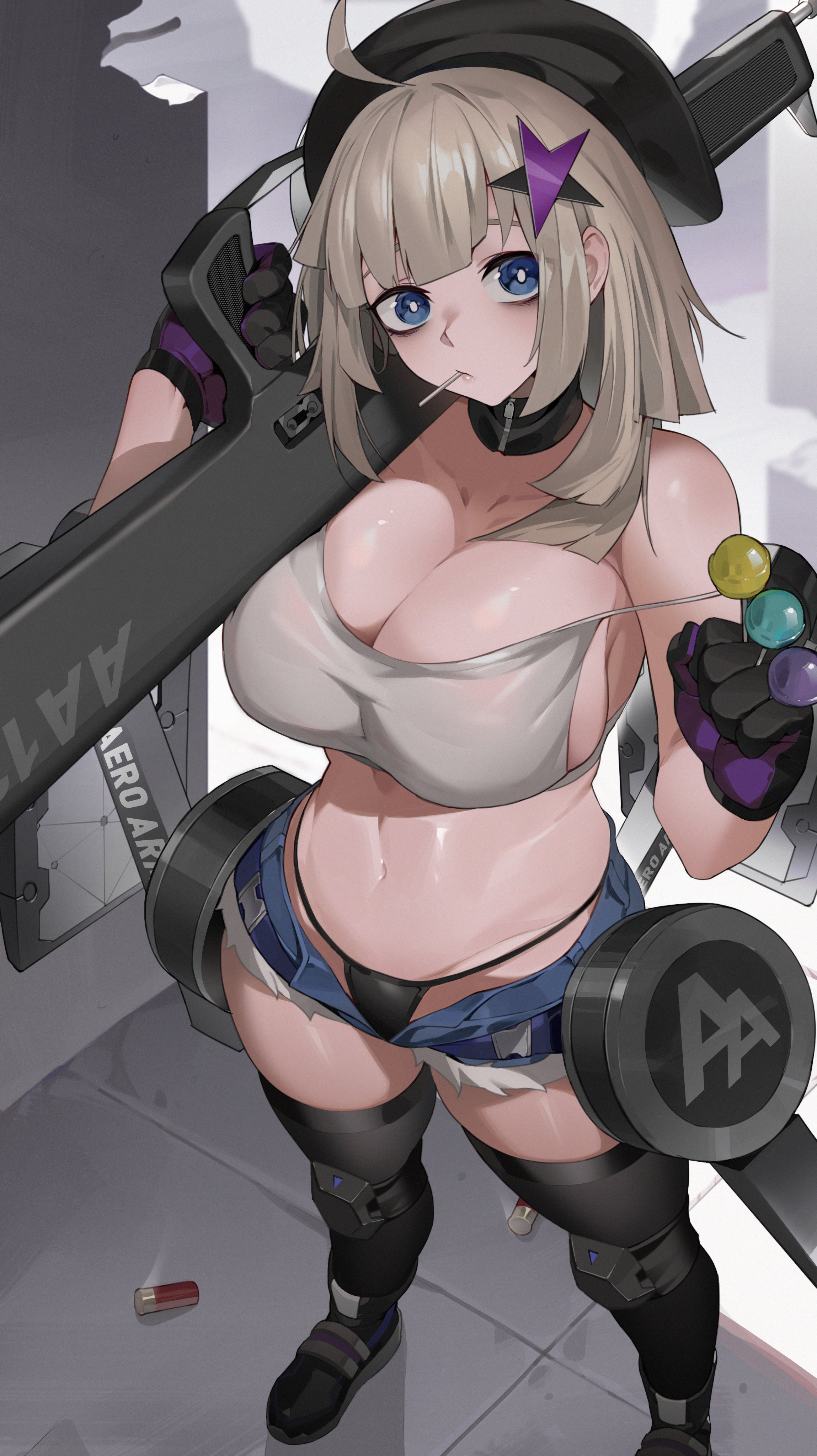 1girl aa-12 aa-12_(girls'_frontline) absurdres ahoge automatic_shotgun bags_under_eyes bare_shoulders black_collar black_hat black_panties black_shoes black_thighhighs blue_eyes breasts candy cleavage clenched_hand collar collarbone combat_shotgun commentary commission cutoffs denim denim_shorts drum_magazine english_commentary food food_in_mouth girls'_frontline gloves grey_hair gun hair_between_eyes hair_ornament hat highres holding holding_candy holding_food holding_gun holding_lollipop holding_weapon knee_pads kopam large_breasts lollipop long_hair looking_at_viewer magazine_(weapon) midriff navel open_clothes open_shorts over_shoulder panties shield_module shoes short_shorts shorts shotgun shotgun_shell solo standing star_(symbol) star_hair_ornament stomach strap_slip tank_top thighhighs thighs two-tone_gloves underwear weapon weapon_over_shoulder white_tank_top zipper_pull_tab