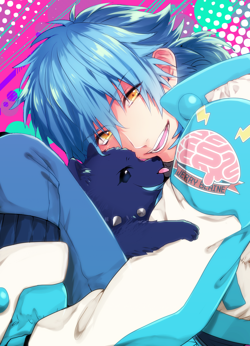 10s 1boy bad_id bad_pixiv_id blue_hair coat dog dramatical_murder highres long_hair male_focus ren_(dramatical_murder) seragaki_aoba smile yellow_eyes yuta_arata