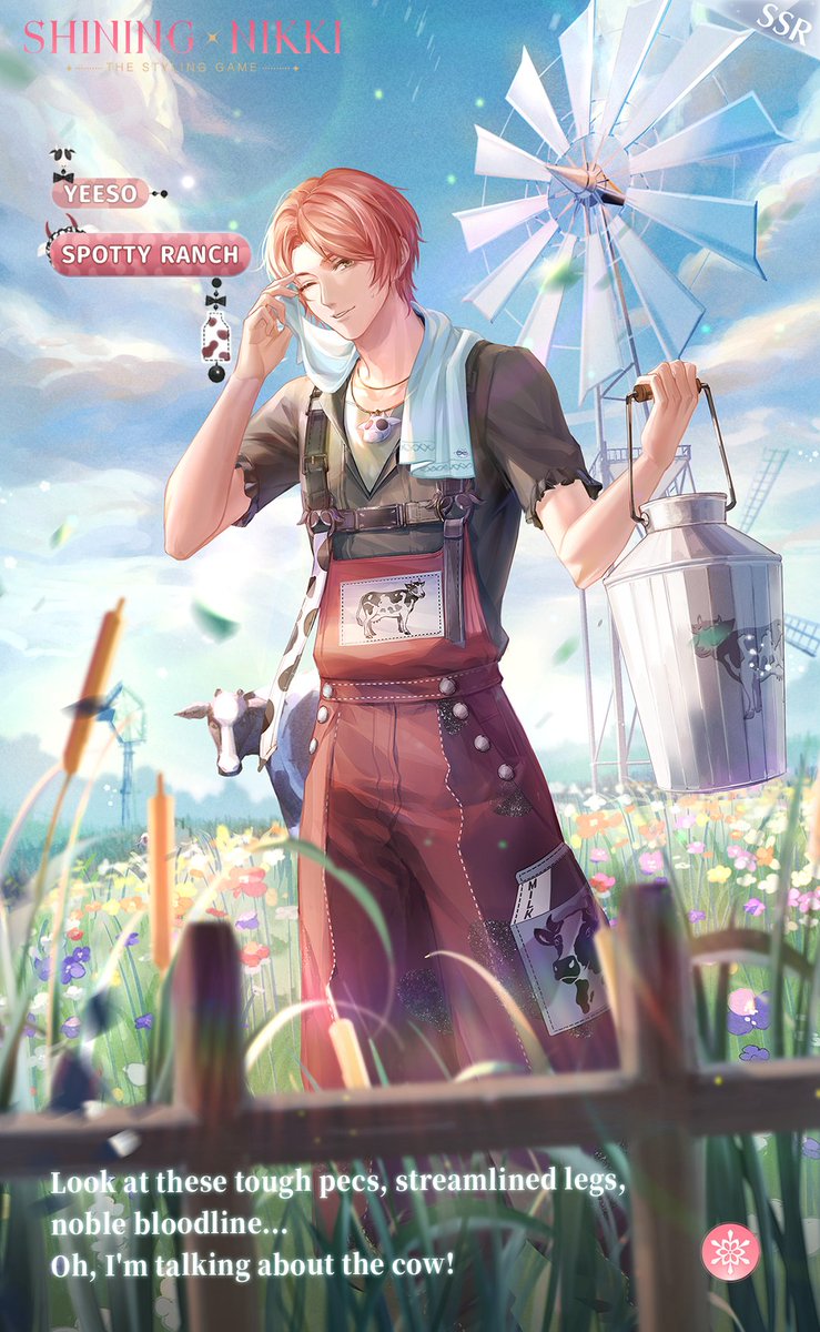 1boy animal_print artist_request bag bare_arms belt belt_buckle black_belt black_shirt blue_flower blue_sky brown_eyes buckle buttons card_(medium) character_name chest_belt cloud collared_shirt commentary copyright_name cow cow_print day english_commentary english_text farmer fence field flower flower_field forest frilled_sleeves frills full_body grey_tank_top happy highres holding holding_jar jar jewelry leaf light_particles logo looking_at_viewer male_focus milk nature necklace nikki_(series) official_art one_eye_closed orange_hair outdoors overalls parted_bangs parted_lips pink_flower red_flower red_overalls second-party_source shining_nikki shirt short_hair short_sleeves sky smile solo spotty_ranch_(shining_nikki) tank_top tote_bag towel towel_around_neck v-neck white_bag windmill yeeso_(shining_nikki)