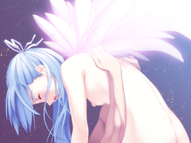 1girl angel_wings angelos_armas ass back blue_hair blush breasts chuuou_higashiguchi cowgirl_position dimples_of_venus closed_eyes flat_chest game_cg girl_on_top glowing hair_ribbon henri hug leaning_forward long_hair nipples nitroplus non-web_source nude open_mouth ribbon sex solo_focus straddling wings