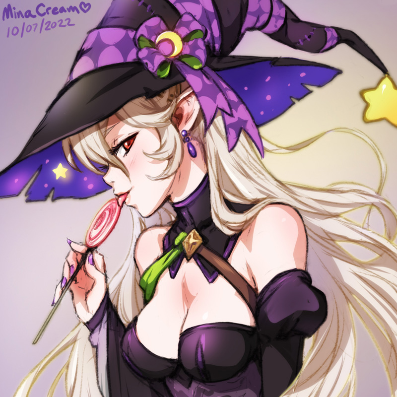 1girl artist_name bare_shoulders breasts candy cleavage commentary corrin_(female)_(fire_emblem) corrin_(female)_(halloween)_(fire_emblem) crescent crescent_hat_ornament dated english_commentary fire_emblem fire_emblem_fates fire_emblem_heroes food halloween halloween_costume hat hat_ornament hat_ribbon holding holding_candy holding_food holding_lollipop licking lollipop looking_at_viewer medium_breasts mina_cream nintendo official_alternate_costume pointy_ears purple_nails purple_ribbon red_eyes ribbon solo star_(symbol) star_hat_ornament tongue tongue_out upper_body white_hair witch witch_hat