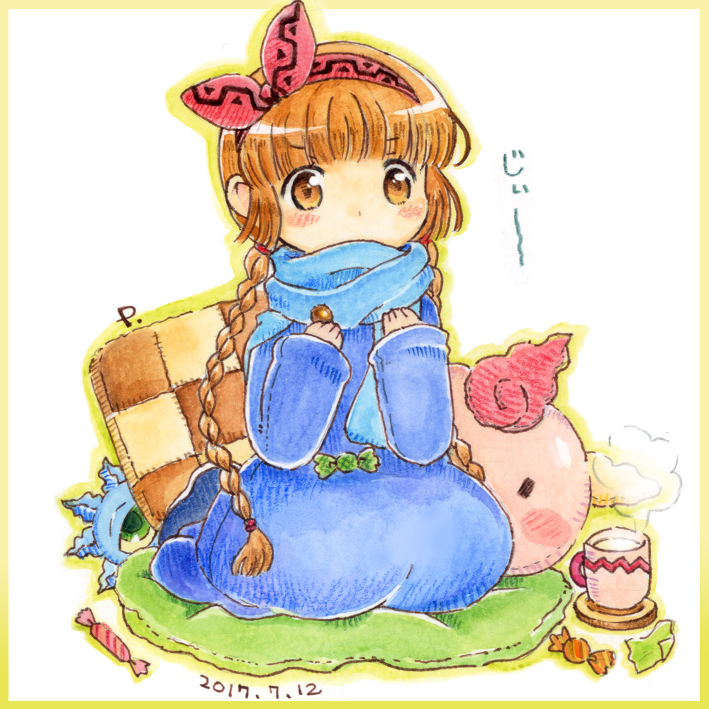 1girl blanket blue_robe blue_scarf border braid brown_hair candy character_pillow covered_mouth cup drink female_focus food gipple graphite_(medium) hairband kukuri_(mahoujin_guruguru) looking_at_viewer mahoujin_guruguru mechanical_pencil mug pencil pillow pink_hairband popurieru robe scarf sitting solo staff steam traditional_media twin_braids watercolor_pencil_(medium) wrapped_candy yellow_border