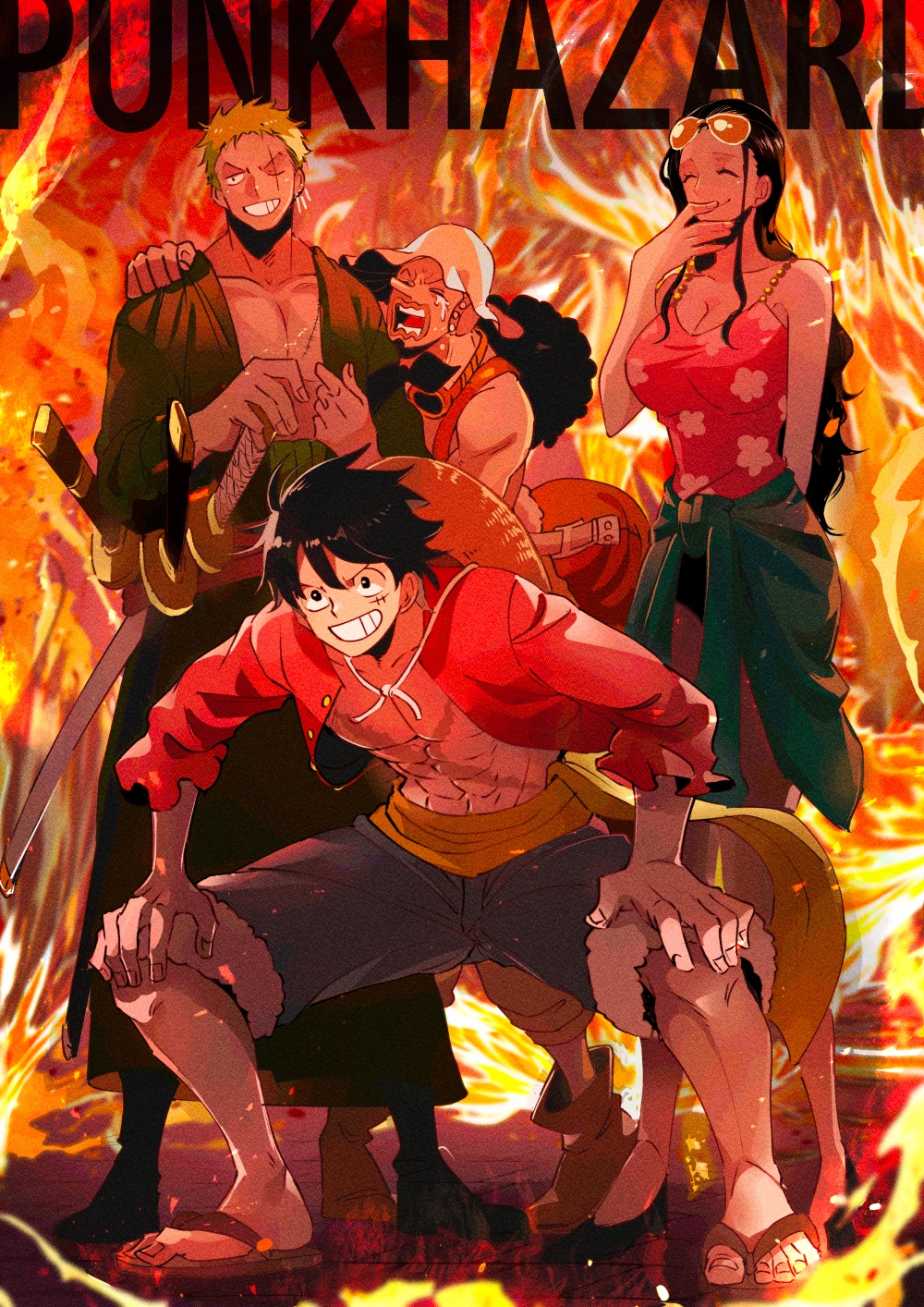 1girl 3boys ^_^ black_hair camisole closed_eyes commentary_request crying earrings eyewear_on_head full_body green_hair hair_slicked_back haramaki hat headphones highres ink_(winkyinkywinky) jewelry long_hair long_nose monkey_d._luffy multiple_boys nico_robin nico_robin_(punk_hazard) one_piece open_clothes open_shirt ponytail red_shirt roronoa_zoro sandals sash scar scar_across_eye scar_on_face shirt shorts smile straw_hat usopp yellow_sash