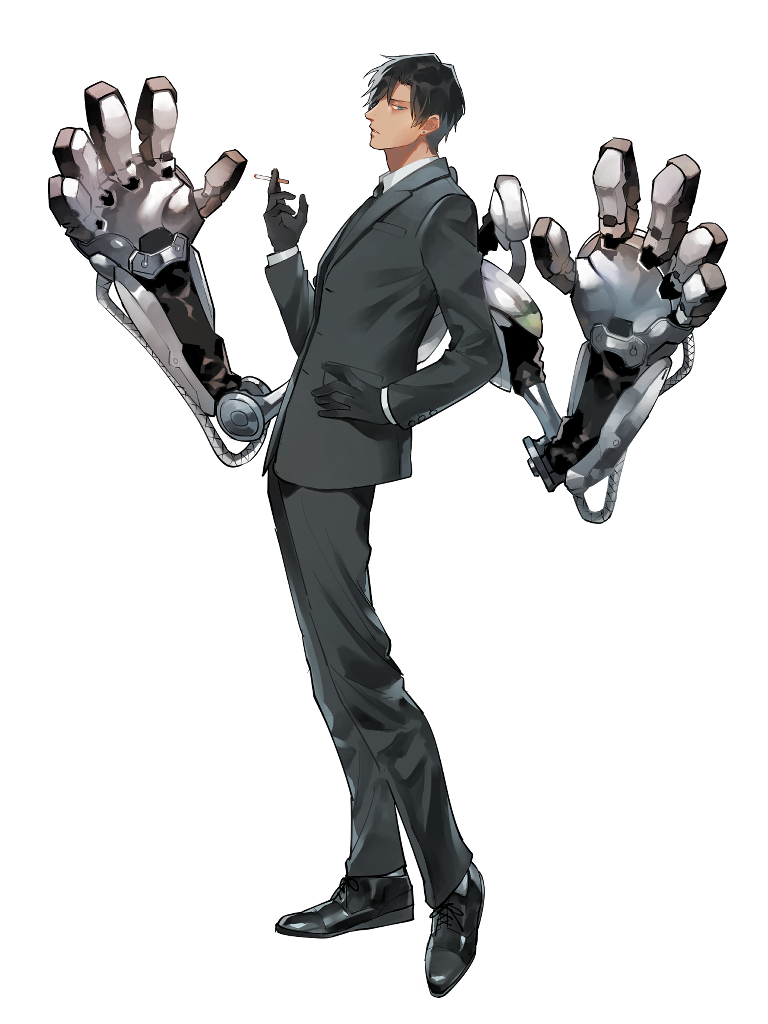 1boy black_footwear black_gloves black_hair black_pants black_suit cigarette dairoku_ryouhei dark-skinned_male dark_skin formal_clothes full_body gloves holding holding_cigarette long_sleeves male_focus mechanical_arms otani_(gloria) pants sato_mitsuru short_hair suit transparent_background