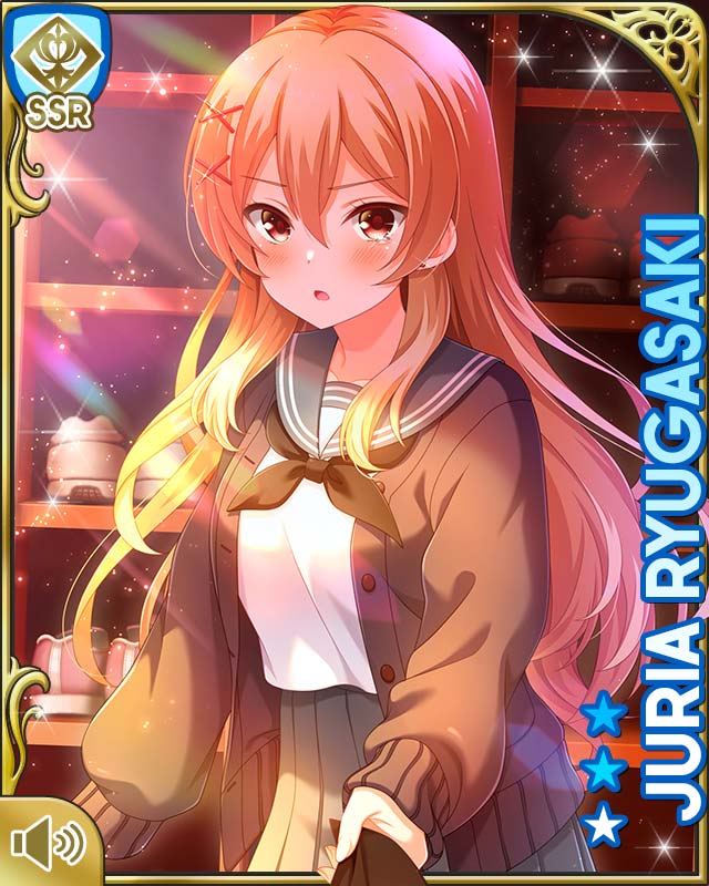 1girl :o black_cardigan black_neckwear blonde_hair breasts card_(medium) cardigan character_name earrings girlfriend_(kari) grey_skirt indoors jewelry long_sleeves official_art open_mouth pleated_skirt qp:flapper red_eyes ryugasaki_juria sailor_collar school_uniform shirt skirt standing tagme white_shirt