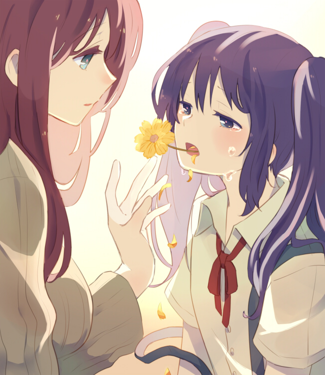 2girls backlighting blue_eyes brown_sweater collared_shirt commentary_request crying crying_with_eyes_open falling_petals flower flower_in_mouth from_side coughing_flowers long_hair long_sleeves looking_at_viewer multiple_girls neck_ribbon open_mouth original parted_lips petals profile purple_hair red_hair red_neckwear ribbon shirt short_sleeves skirt sou_(tuhut) suspender_skirt suspenders sweater tears twintails upper_body white_shirt yellow_background yellow_flower yuri