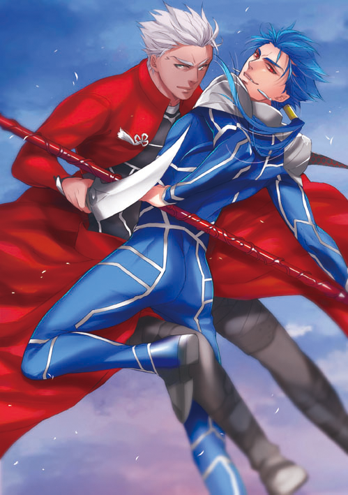 2boys blue_hair cu_chulainn_(fate) cu_chulainn_(fate/stay_night) fate/stay_night fate_(series) gae_bolg_(fate) jun_(ash) long_hair male_focus multiple_boys polearm ponytail red_eyes spear sword weapon white_hair