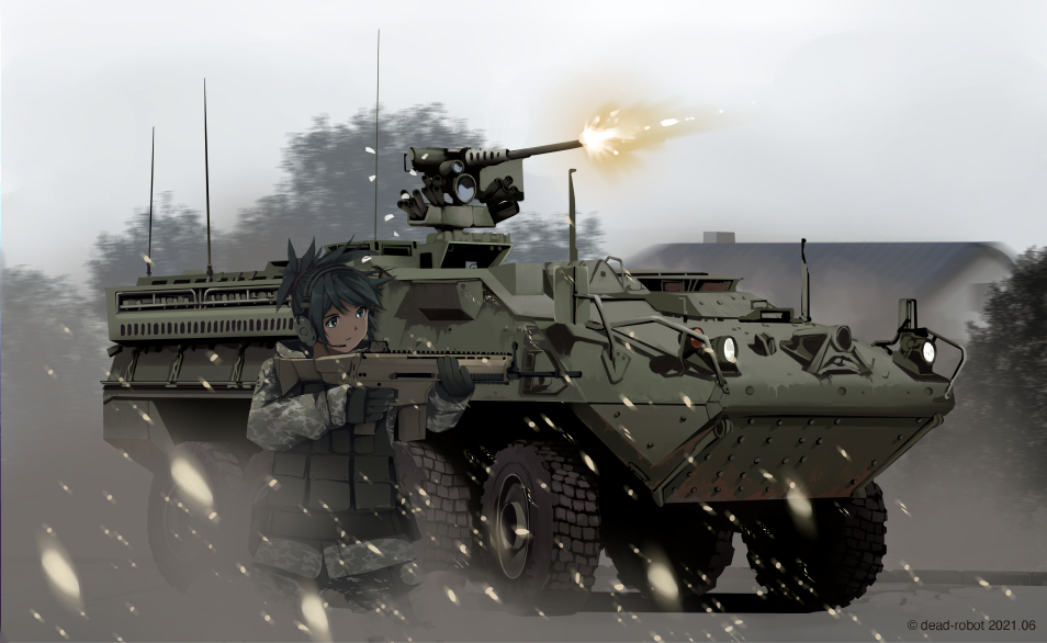 1girl aiming armored_fighting_vehicle armored_personnel_carrier armored_vehicle artist_name black_hair dead-robot firing gun military military_vehicle mixed-language_commentary motor_vehicle original outdoors ponytail scenery soldier solo stryker_(afv) tree turret watermark weapon