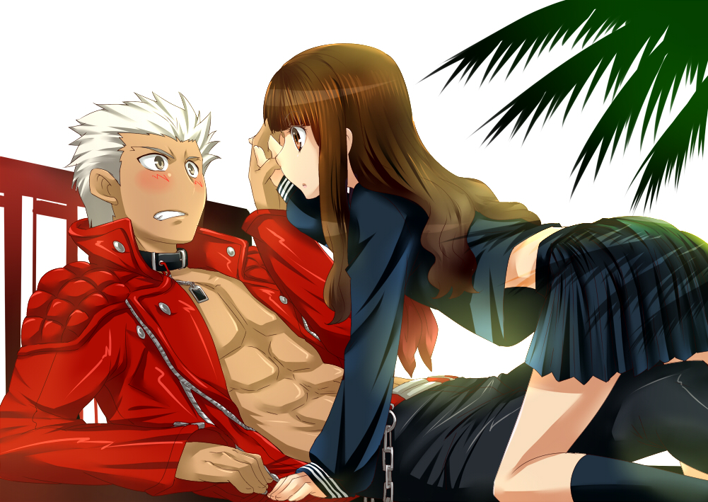 abs archer_(fate) belt_buckle black_collar black_pants black_serafuku black_socks buckle collar eye_contact fate/extra fate/extra_ccc fate_(series) girl_on_top interlocked_fingers jacket kishinami_hakuno_(female) kneehighs looking_at_another midriff open_clothes pants peeking red_jacket school_uniform serafuku socks tree urako