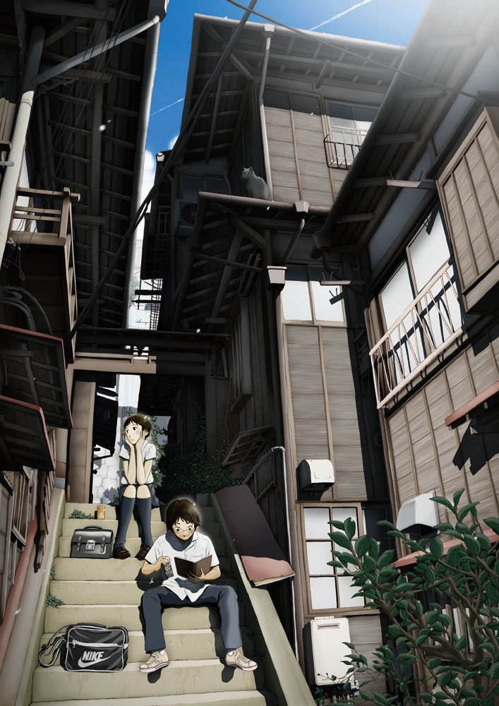 1boy 1girl architecture bag black_socks bookbag building cat collared_shirt contrail east_asian_architecture from_below head_rest industrial_pipe kneehighs miniskirt outdoors pixiv_festa plant product_placement reading real_world_location shirt shoulder_bag sitting skirt slice_of_life socks stairs takada_katsura tokyo_(city) unworn_bag window_blinds
