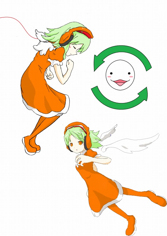 1girl angel angel_wings bemani bms freedom_dive green_hair headphones kurante orange_eyes sound_voltex wings yutoriou
