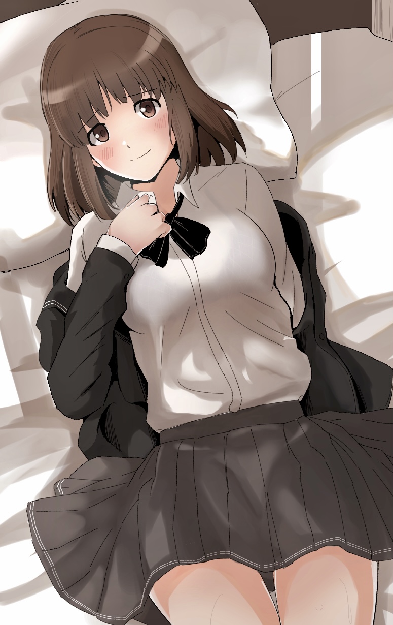 1girl amagami bed_sheet black_bow black_bowtie black_bra black_jacket black_sailor_collar blazer bow bowtie bra bra_visible_through_clothes breasts brown_eyes brown_hair closed_mouth collared_shirt from_above grey_skirt gyuunyuu_pack_(tanaka) highres indoors jacket kibito_high_school_uniform long_sleeves looking_at_viewer lying medium_breasts medium_hair off_shoulder on_back on_bed open_clothes open_jacket pillow pleated_skirt sailor_collar school_uniform see-through_clothes see-through_shirt shirt skirt tanaka_keiko_(amagami) underwear white_shirt
