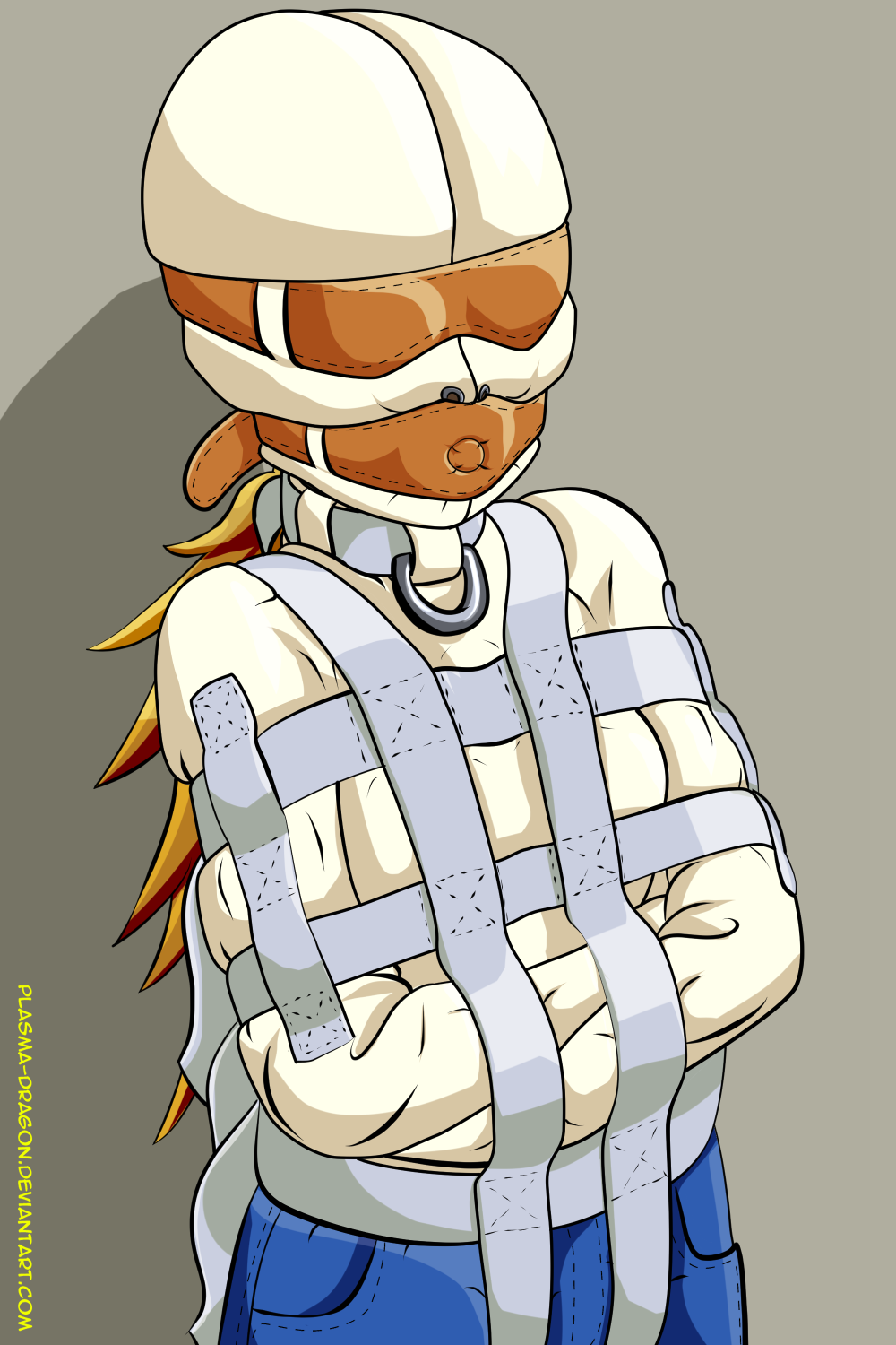 1girl bdsm belt blindfold blonde_hair bondage bound collar female_focus gag highres hood plasma_dragon sensory_deprivation solo straitjacket strap