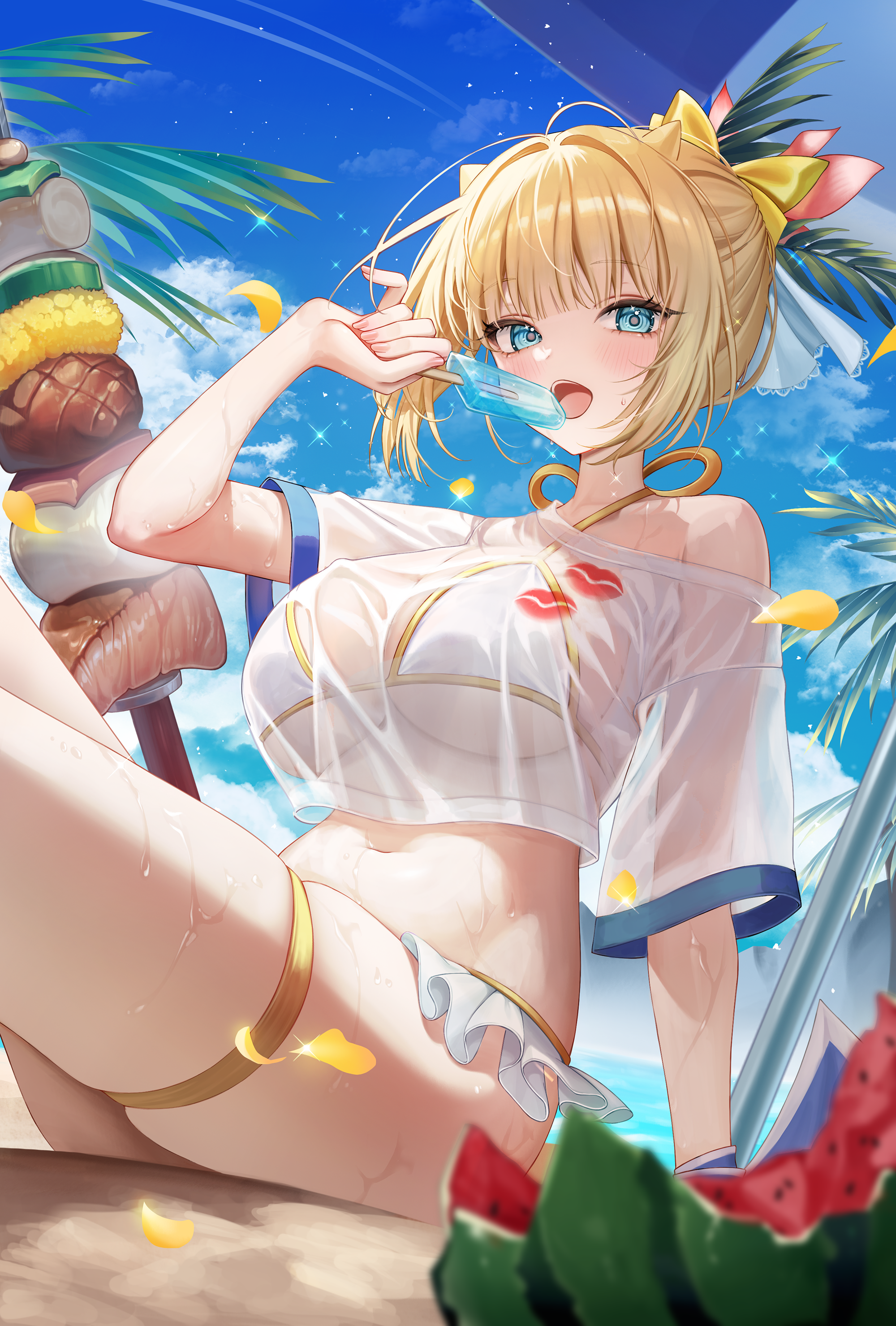 1girl beach beach_umbrella bikini blonde_hair blue_eyes breasts brown_dust_(series) brown_dust_2 demon_horns food frilled_bikini frills from_below fruit groin hair_ornament hair_ribbon holding holding_food holding_popsicle horns justia_(brown_dust) justia_(pool_party)_(brown_dust) large_breasts lipstick_mark looking_at_viewer mellozzo ocean oversized_food oversized_object palm_tree popsicle ribbon see-through_clothes see-through_shirt shadow shirt short_hair sitting skewer small_horns solo swimsuit teeth thigh_strap tree umbrella underboob upper_teeth_only watermelon wet wet_clothes wet_shirt white_bikini white_shirt yellow_ribbon