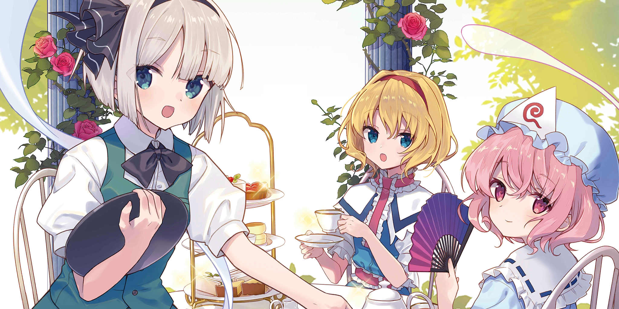 3girls alice_margatroid black_bow black_bowtie black_hairband blonde_hair blue_dress blue_eyes blue_hat blue_kimono bow bowtie capelet chair closed_mouth collared_shirt commentary cup dress english_commentary flower folding_fan food food_request frilled_kimono frilled_sash frills game_cg green_skirt green_vest grey_hair hairband hand_fan hat highres holding holding_cup holding_fan holding_plate holding_tray japanese_clothes kimono konpaku_youmu looking_at_viewer miyoshino mob_cap multiple_girls official_art on_chair open_mouth pink_eyes pink_hair pink_sash plate puffy_short_sleeves puffy_sleeves red_flower red_hairband red_rose rose saigyouji_yuyuko sash shirt short_hair short_sleeves sitting skirt skirt_set smile table teacup teapot third-party_source tiered_tray touhou touhou_lostword tray triangular_headpiece vest waist_sash white_capelet white_shirt
