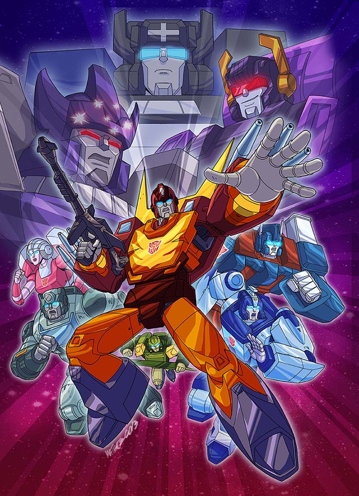 arcee assault_visor blue_eyes blurr_(transformers) character_request clenched_hand commentary cover cover_image dvd_cover english_commentary galvatron glowing glowing_eyes gun holding holding_gun holding_weapon kup_(transformers) looking_ahead marcelo_matere mecha mecha_focus no_humans official_art open_hand open_mouth photoshop_(medium) red_eyes robot rodimus_prime running science_fiction smirk springer_(transformers) transformers transformers:_generation_1 ultra_magnus weapon