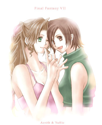2girls aerith_gainsborough brown_eyes brown_hair copyright_name dress final_fantasy final_fantasy_vii finger_to_mouth forehead-to-forehead green_eyes green_hair hair_ribbon hand_up heads_together high_ponytail long_hair lowres multiple_girls no_jacket one_eye_closed open_mouth parted_bangs pink_dress pink_ribbon pointing pointing_up ponytail rendezvous ribbon short_hair sleeveless sleeveless_turtleneck smile spaghetti_strap third-party_source turtleneck upper_body white_background yuffie_kisaragi