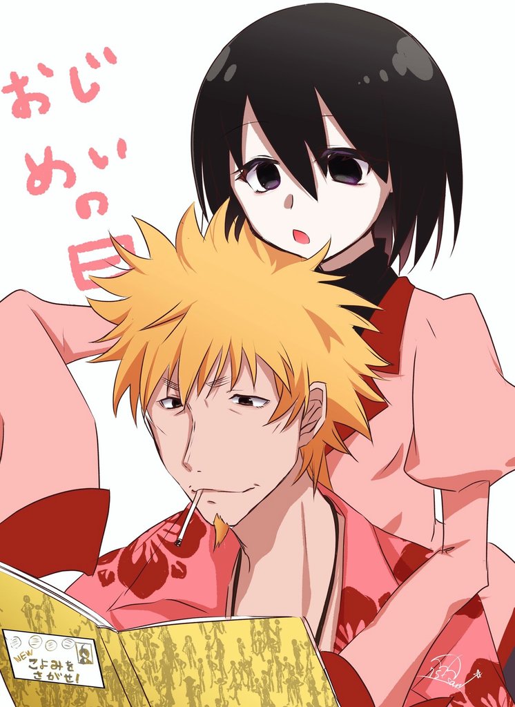 1boy 1girl 756san :o age_difference araragi_koyomi artist_name beard black_eyes black_hair black_undershirt blonde_hair bob_cut book brown_eyes cigarette collared_shirt commentary dress_shirt empty_eyes facial_hair floral_print front-to-back goatee grey_skirt hair_between_eyes hawaiian_shirt holding holding_book jewelry juliet_sleeves light_smile long_sleeves looking_at_object monogatari_(series) mouth_hold naoetsu_high_school_uniform necklace open_book open_mouth oshino_meme oshino_ougi pale_skin pink_shirt puffy_sleeves reading red_trim school_uniform shirt short_hair signature simple_background sitting skirt sleeves_past_fingers sleeves_past_wrists smile smoking spiked_hair standing thick_eyebrows translated turtleneck uncle_and_niece upper_body v-shaped_eyebrows very_long_sleeves where&#039;s_wally white_background