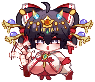 1girl areola_slip black_hair breast_curtains breasts chibi chibi_only chinese_commentary finger_wagging hair_ornament hair_rings hair_stick haitai_(haitai_umita) haitai_umita indie_virtual_youtuber lactation large_breasts looking_at_viewer lowres nontraditional_miko pointy_ears purple_eyes solo virtual_youtuber