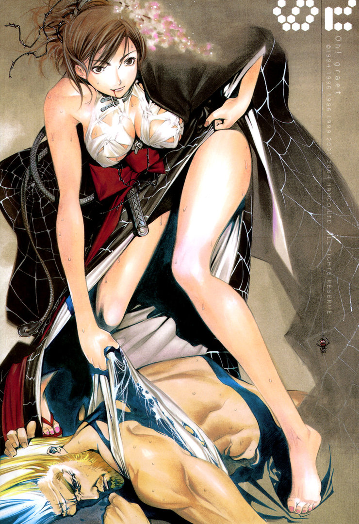 1boy 1girl bandai_namco barefoot blonde_hair blood brown_eyes brown_hair bug defeat gradient_background japanese_clothes kazama_asuka kimono paul_phoenix sandals shoes silk single_shoe spider spider_web sweat tekken whip