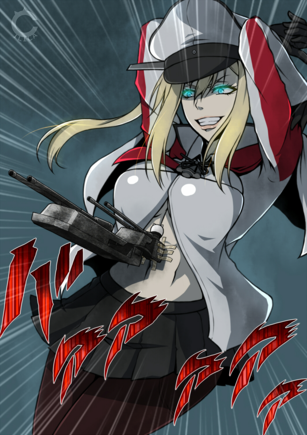 1girl black_gloves blonde_hair blue_eyes breasts cannon cilica emphasis_lines female_focus gloves glowing glowing_eyes graf_zeppelin_(kancolle) grin hat highres jacket jojo_no_kimyou_na_bouken jojo_pose kantai_collection large_breasts midriff navel pantyhose parody pleated_skirt rudolph_von_stroheim skirt smile solo tape watermark