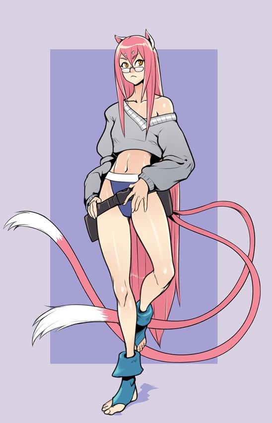 1girl :&lt; alternate_hairstyle animal_ears ankle_boots blazblue blue_boots blue_shorts boots casual cat_ears cat_tail commission crop_top extra_ears extra_eyebrows female_focus flat_chest full_body glasses hair_between_eyes hair_down holster izra kokonoe_(blazblue) legs long_hair long_legs long_sleeves micro_shorts multiple_tails navel off-shoulder_sweater off_shoulder open-toe_boots orange_eyes pince-nez pink_hair purple_background shorts slit_pupils solo standing standing_on_one_leg sweater tail toes two_tails very_long_hair very_long_tail