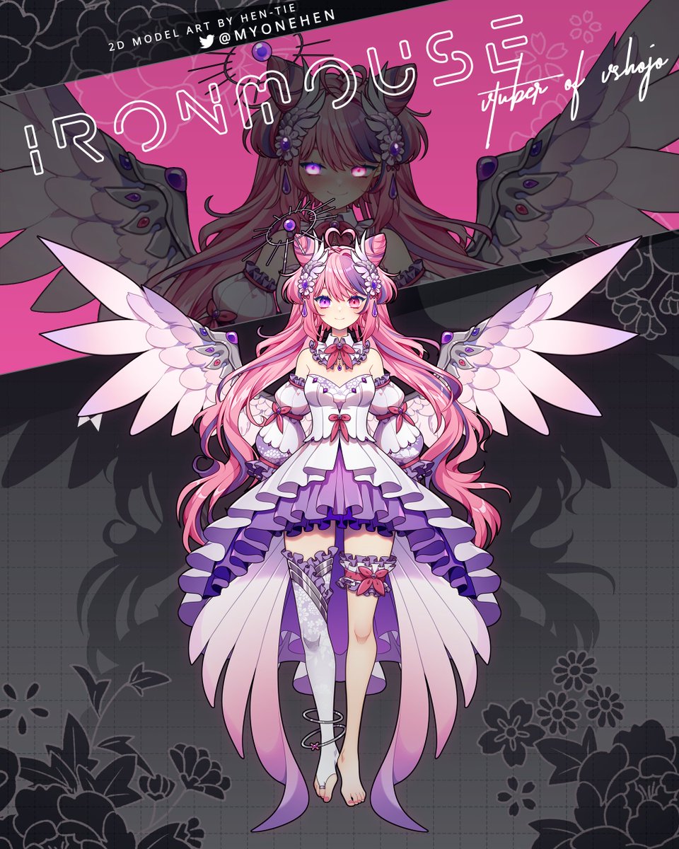 1girl angel_wings barefoot bow breasts character_name commentary cone_hair_bun copyright_name detached_collar detached_sleeves dress english_commentary hair_bun hen-tie high-low_dress high-low_skirt highres ironmouse ironmouse_(fallen_angel) looking_at_viewer medium_breasts official_art pink_bow pink_hair purple_hair single_thighhigh smile solo thigh_strap thighhighs virtual_youtuber vshojo white_dress wings