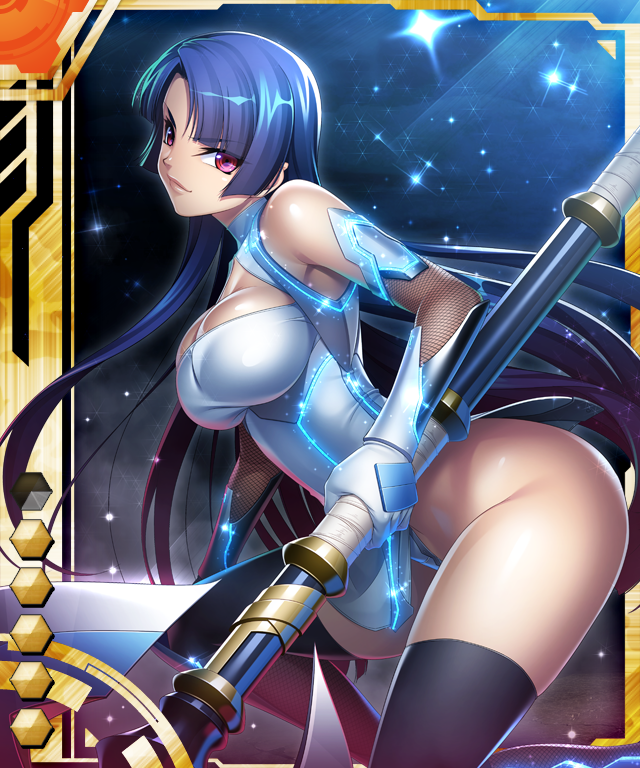 00s 1girl armor axe battle_axe black_legwear blue_hair bodysuit boots breast_press breasts card_(medium) card_(orange-ur) card_(ur) cleavage female_focus kagami_hirotaka large_breasts legs lilith-soft long_hair looking_at_viewer no_bra purple_eyes red_eyes shiny_skin smile solo taimanin_(series) taimanin_asagi taimanin_asagi_battle_arena_all_card_gallery taimanin_asagi_kessen_arena taimanin_murasaki weapon yatsu_murasaki
