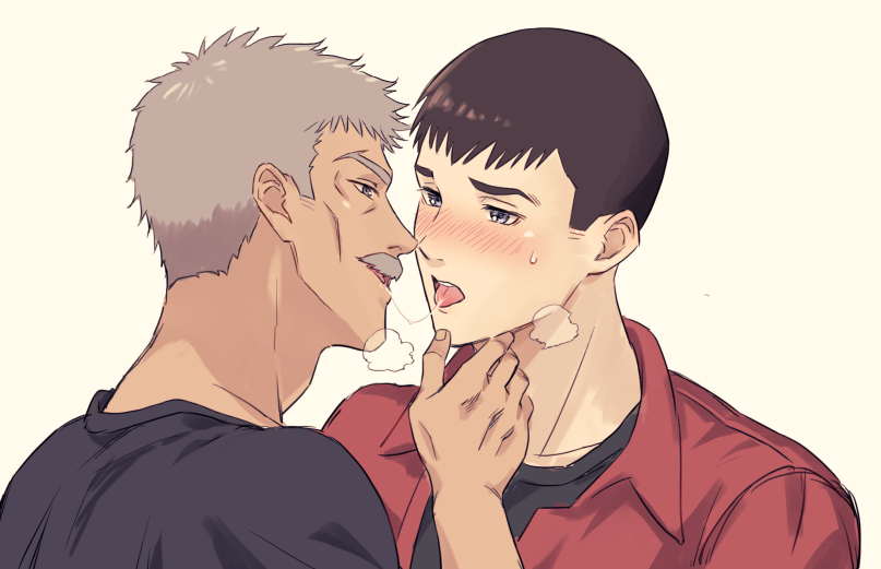 2boys after_kiss artist_request black_hair blush couple face-to-face facial_hair foreplay from_side grabbing_another&#039;s_chin grey_hair hand_on_another&#039;s_chin male_focus multiple_boys mustache old old_man profile ryuji_satake saliva thick_eyebrows thick_mustache thomas_j._prahmman upper_body yaoi yuuki_bakuhatsu_bang_bravern