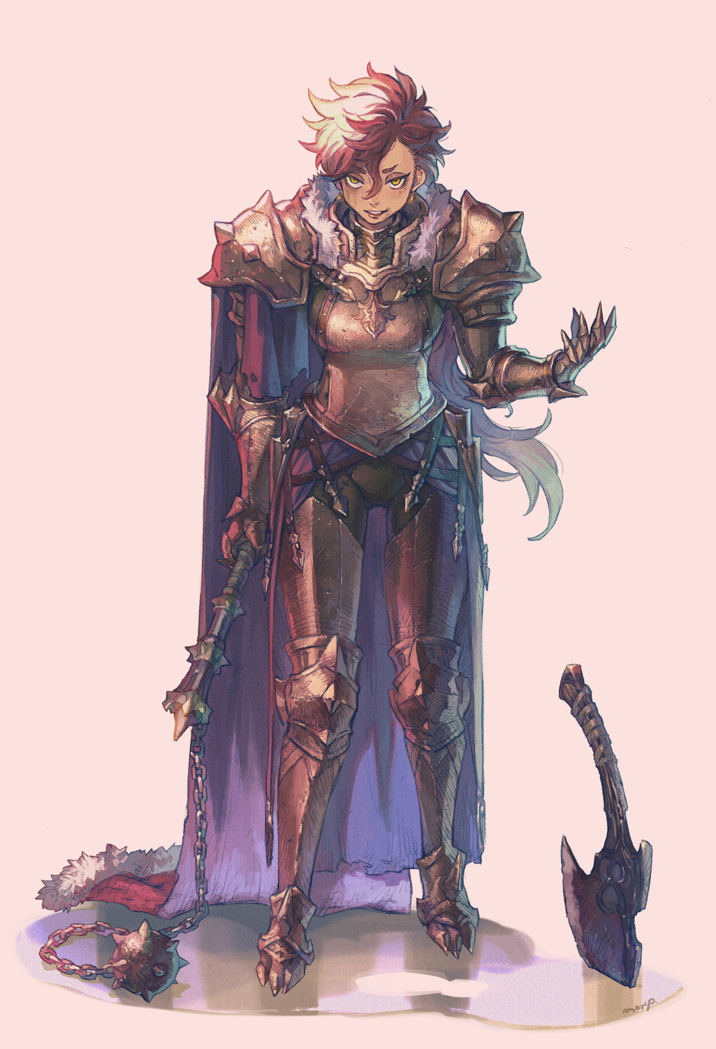 1girl armor cape female_focus full_body fur_trim greaves hair_between_eyes highres long_hair looking_at_viewer messy_hair moryo original pauldrons pink_background red_hair shoulder_armor shoulder_spikes simple_background solo spikes standing weapon yellow_eyes
