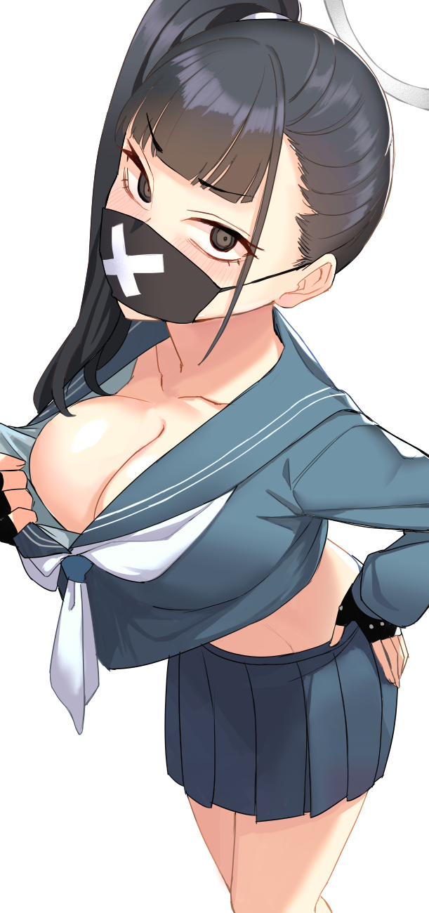 1girl ashita_(2010) black_eyes black_gloves black_hair black_mask black_sailor_collar black_serafuku black_skirt blue_archive blush breasts cleavage collarbone fingerless_gloves fingernails gloves halo highres large_breasts long_hair long_sleeves mask mouth_mask neckerchief pleated_skirt ponytail sailor_collar school_uniform serafuku simple_background skirt solo sukeban_(smg)_(blue_archive) surgical_mask white_background white_neckerchief
