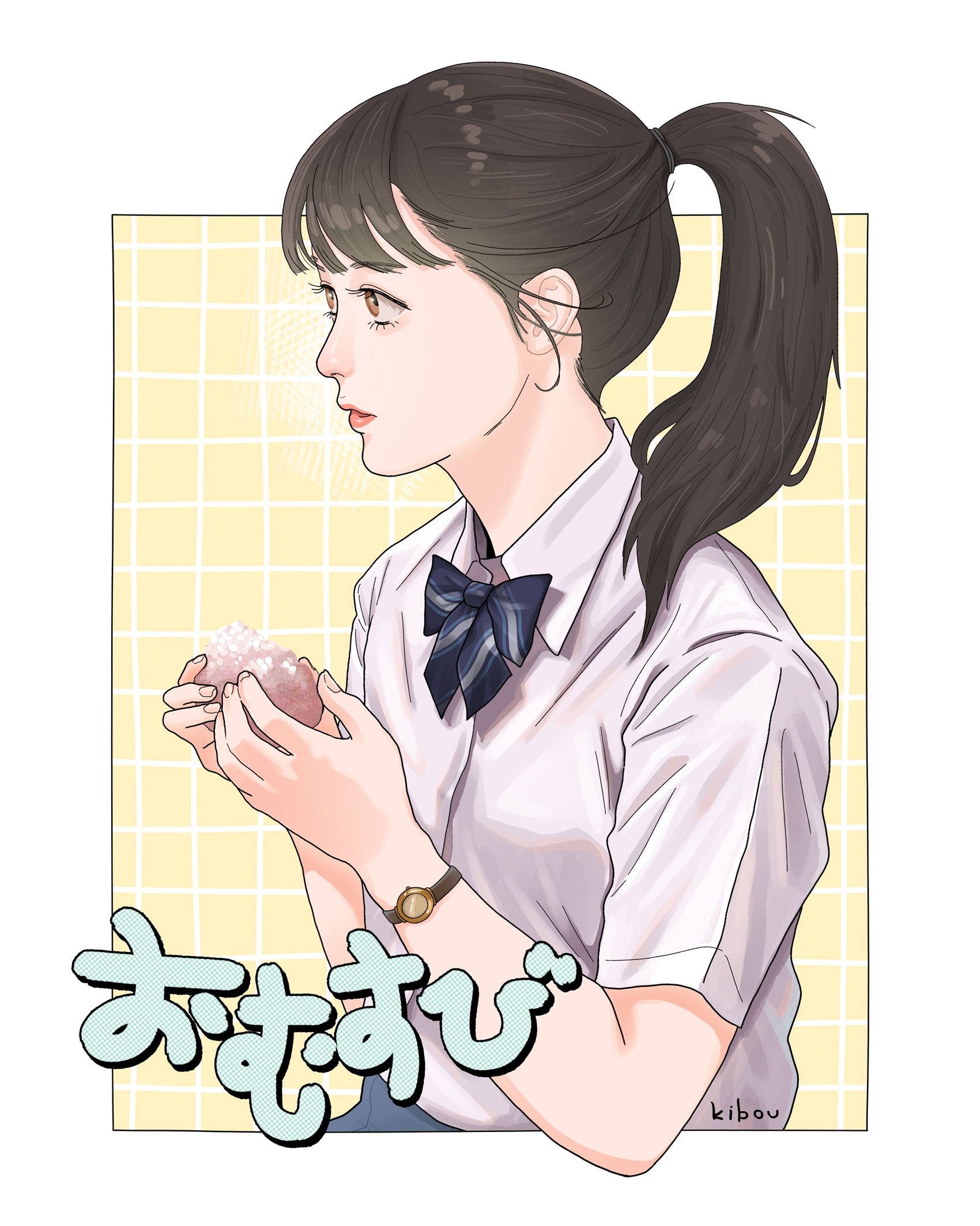 1girl artist_name blue_bow blue_bowtie bow bowtie brown_eyes brown_hair check_copyright copyright_request food hashimoto_kanna highres holding holding_food kib0u_77a lipstick makeup omusubi_(nhk) onigiri ponytail school_uniform short_sleeves upper_body watch wristwatch yellow_background yoneda_yui