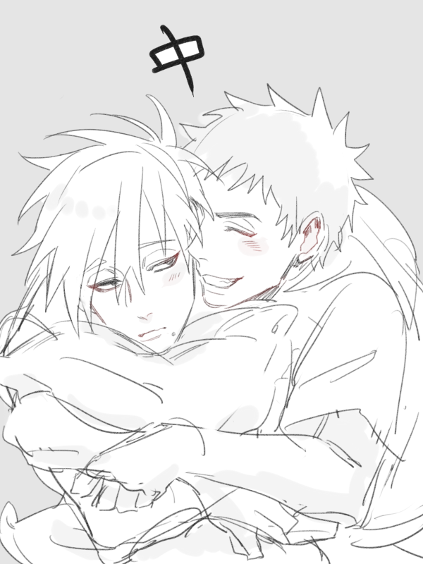 2boys blush closed_eyes grin hatake_kakashi hug hugging_object looking_at_another male_focus mole mole_under_mouth multiple_boys naruto_(series) naruto_shippuuden pillos pillow pillow_hug short_hair smile spiked_hair uchiha_obito vosovic yaoi