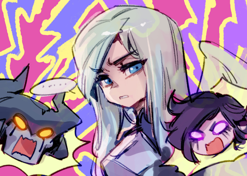 ... 1boy 2girls aatrox angry blue_eyes glowing glowing_eyes kayle_(league_of_legends) league_of_legends morgana_(league_of_legends) multicolored_background multiple_girls open_mouth orange_eyes phantom_ix_row pink_eyes siblings sisters speech_bubble