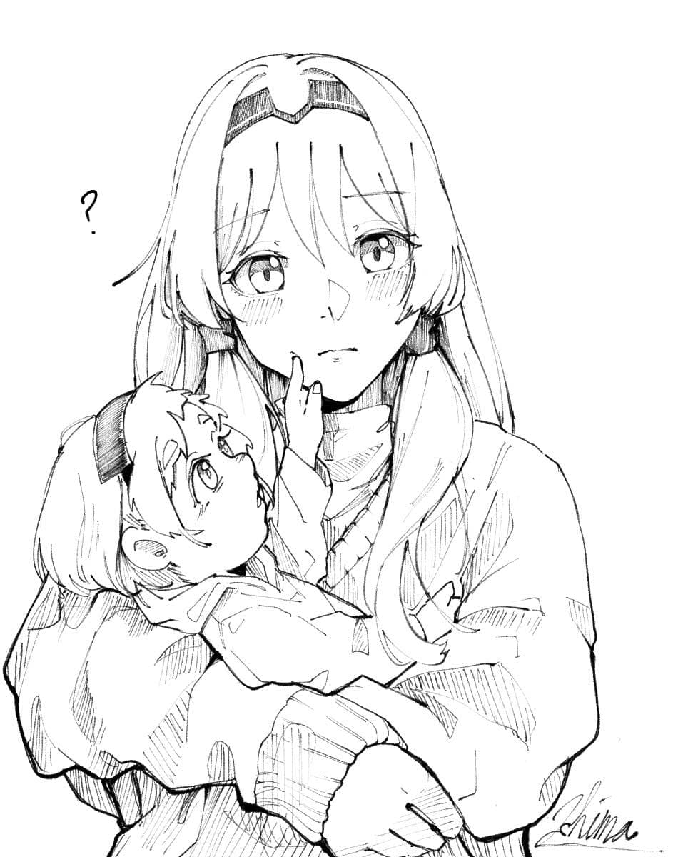 2girls ? an-94_(girls&#039;_frontline) baby blush carrying_baby carrying_person cheek_poking child girls&#039;_frontline greyscale hairband highres long_hair looking_at_viewer monochrome mother_and_daughter multiple_girls poking sweater upper_body zhima01600218