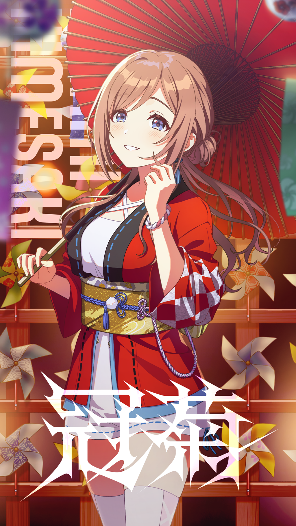 1girl blue_eyes bracelet brown_hair dress english_text fence gakuen_idolmaster game_cg highres himesaki_rinami holding idolmaster japanese_text jewelry kamurogiku_(idolmaster) official_art pinwheel red_happi sash smile solo thighhighs umbrella white_dress yellow_sash