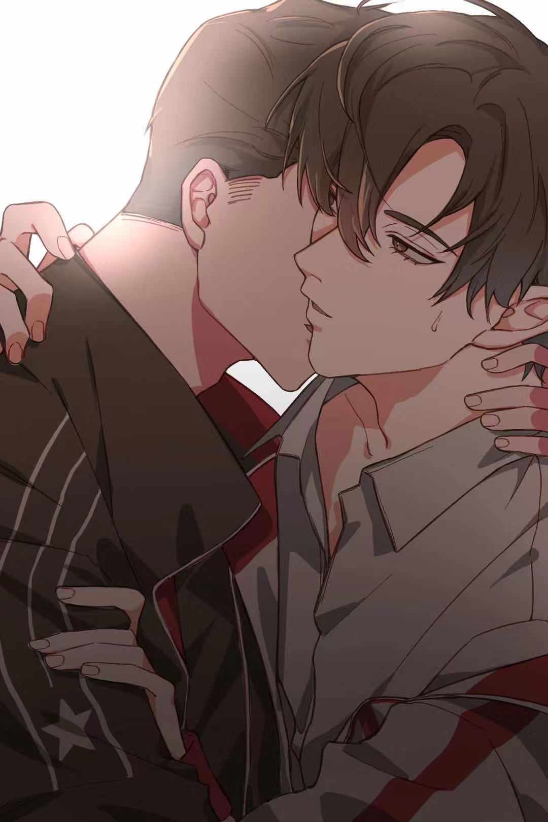 2boys black_hair black_jacket brown_eyes brown_hair chinese_commentary closed_eyes collared_shirt eyelashes han_wenqing hand_on_another&#039;s_neck hand_on_another&#039;s_shoulder highres hug imminent_kiss jacket long_sleeves looking_at_another male_focus multiple_boys naijarski parted_lips quan_zhi_gao_shou shirt short_hair simple_background sweatdrop upper_body white_background white_shirt yaoi ye_xiu