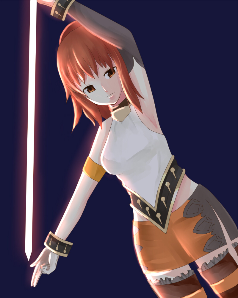 1girl arm_up armband breasts brown_eyes detached_sleeves female_focus gradient_background itiies karin_koenig long_hair miniskirt red_hair shadow_hearts shadow_hearts_ii skirt solo sword thighhighs weapon