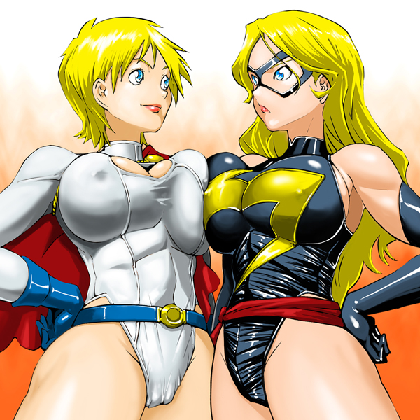 2girls animification asymmetrical_docking avengers_(series) belt blonde_hair blue_eyes breast_press breasts cameltoe cape carol_danvers cleavage cleavage_cutout clothing_cutout comic covered_erect_nipples crossover dc_comics domino_mask elbow_gloves frown gloves hand_on_own_hip hip_focus impossible_clothes justice_society justice_society_of_america large_breasts leotard lips long_hair marvel mask ms_marvel multiple_girls power_girl shimotsuki_juugo shirt short_hair sleeved_leotard smile taut_clothes taut_shirt thighs
