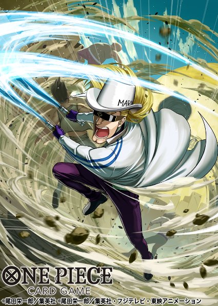 3boys attack blonde_hair commentary_request copyright_name full_body gloves hat helmeppo holding holding_weapon male_focus multiple_boys official_art one_piece one_piece_card_game open_mouth pants pebble purple_pants sennsu smoke sunglasses weapon